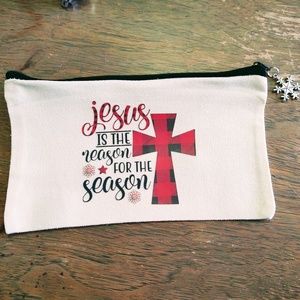 NEW SMALL CANVAS ZIPPER POUCH, COSMETIC BAG, JESUS IS THE REASON FOR THE SEASON